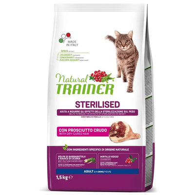 Busta di crocchette per gatti sterilizzati con prosciutto crudo Trainer 1,5 kg