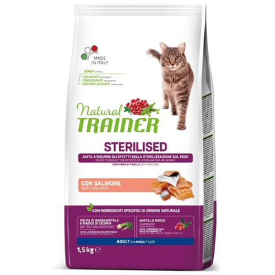 Busta di crocchette per gatti sterilizzati al salmone e mirtillo rosso Trainer da 1,5 kg