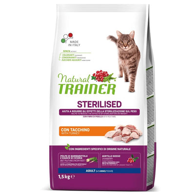 Busta di crocchette per gatti sterilizzati con salmone e mirtillo rosso Trainer da 1,5 kg