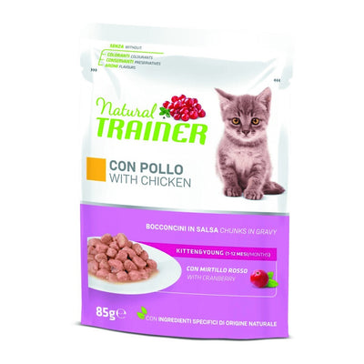 Confezione da 4 bustine di alimento umido al pollo per gatti cuccioli al pollo Trainer da 85 g cad.