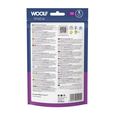 Confezione da 5 bustine da 14g cad. di snack liquido per gatti con anatra e erba gatta marca Woolf