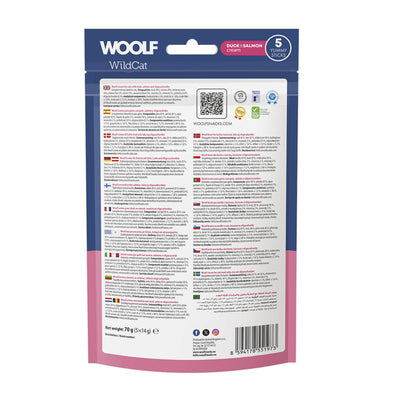 Confezione da 5 bustine cad. di snack liquido per gatti all'anatra con salmone marca Woolf