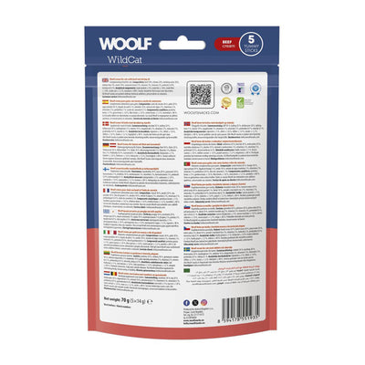 Confezione da 5 bustine da 14g cad. di snack liquido per gatti al Manzo con olio di gamberi marca Woolf