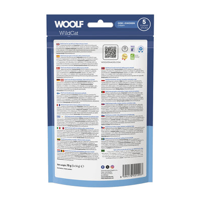 Confezione da 5 bustine da 14g cad. di snack liquido per gatti con merluzzo pollo ed estratto di Yucca marca Woolf