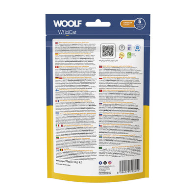 Confezione da 5 bustine da 14g cad. di snack liquido per gatti al pollo marca Woolf