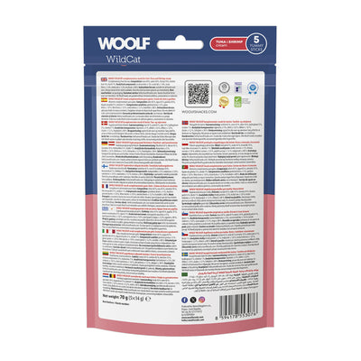 Confezione da 5 bustine da 14g cad. di snack liquido per gatti con tonno e gamberi marca Woolf