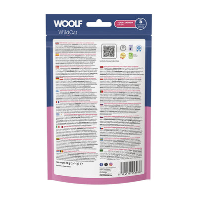 Confezione da 5 bustine da 14g cad. di snack liquido per gatti al Tonno e salmone marca Woolf
