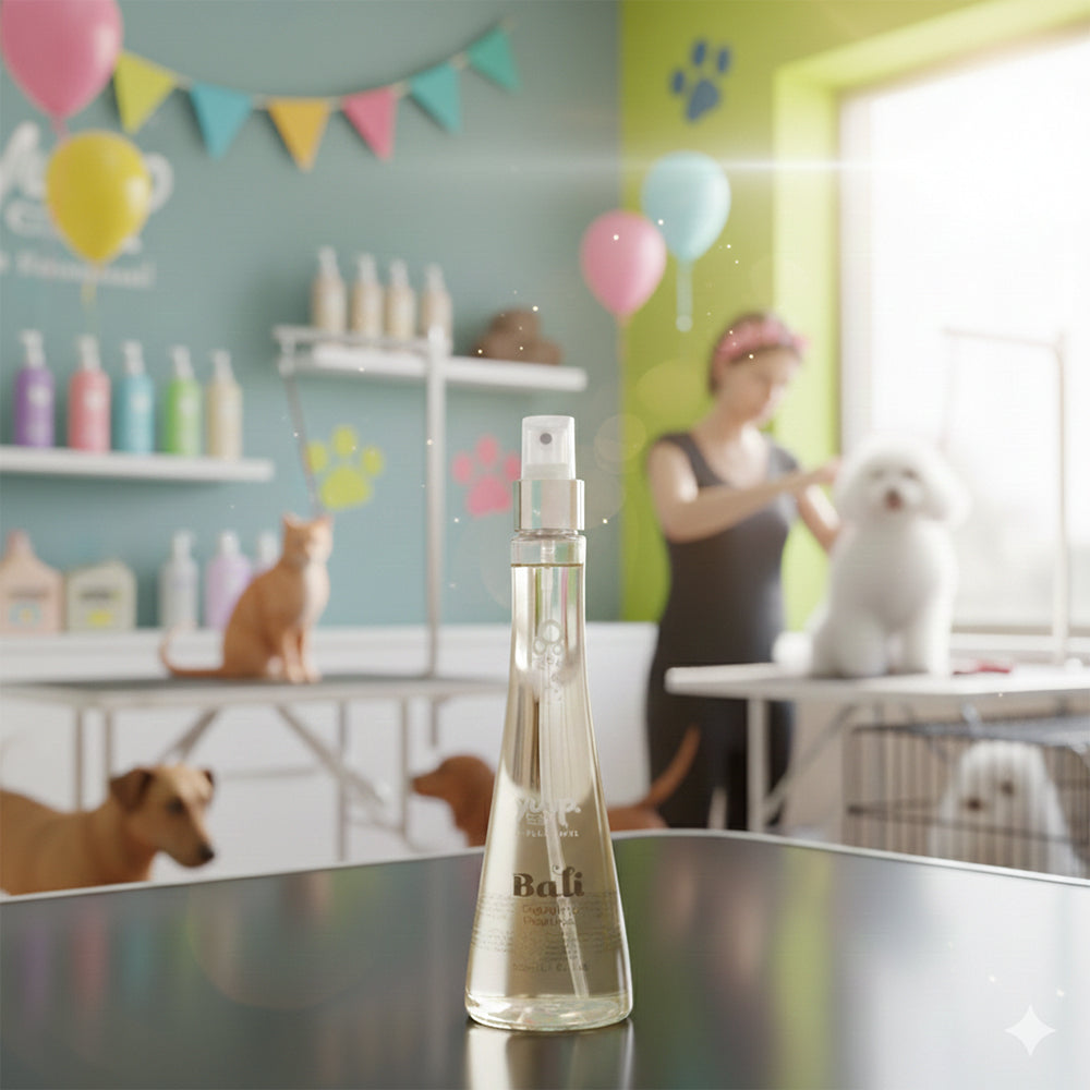 Flacone spray da 250ml di Yuup Profumo Bali per cani e gatti, fragranza tropicale con estratti di frangipani e lime, linea grooming professionale Yuup