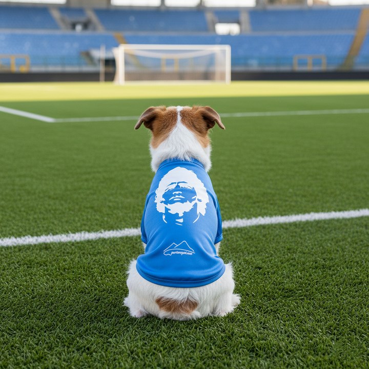 Maglietta blu azzurra per cani con ritratto stilizzato di Maradona, abbigliamento per animali domestici dedicato a D10S e ai tifosi del Napoli