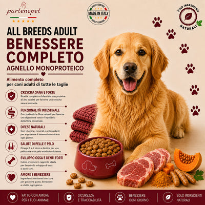 Partenopet Adult All Breeds Monoproteico Agnello e Zucca Crocchette per Cani 100% Naturali 12 kg - Partenopet