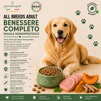 Partenopet Adult All Breeds Mono Maiale e Zucca Crocchette per Cani 100% Naturali 2 kg - Partenopet
