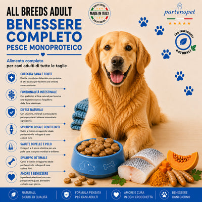 Sacco scorta 12kg crocchette Partenopet Adult All Breeds Pesce e Zucca, alimento naturale per cani dal manto bianco, pressato a freddo, monoproteico e prodotto in Italia.