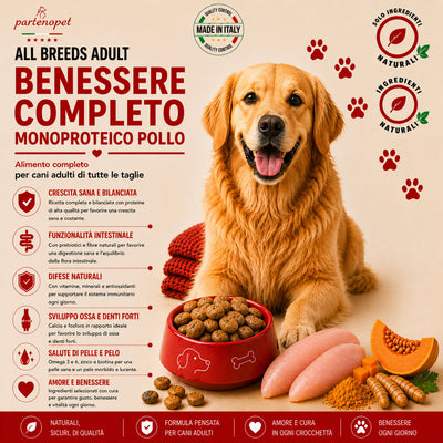 Sacco da 2kg crocchette Partenopet Adult All Breeds Pollo e Zucca, alimento naturale per cani pressato a freddo prodotto in Italia, monoproteico e senza conservanti.