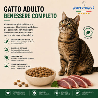 Sacco da 1,5kg crocchette Partenopet Adult Cat all'anatra, alimento naturale per gatti adulti pressato a freddo prodotto in Italia, senza conservanti né coloranti, con Taurina e Curcuma.