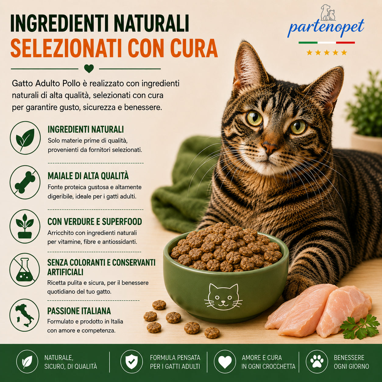 Sacco da 1,5kg crocchette Partenopet Adult Cat al pollo, alimento naturale per gatti adulti pressato a freddo prodotto in Italia, senza conservanti nΓ© coloranti, con Taurina e Curcuma.