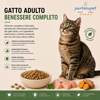 Sacco convenienza 10kg crocchette Partenopet Adult Cat al pollo, alimento naturale per gatti adulti pressato a freddo prodotto in Italia, senza conservanti né coloranti, con Taurina e Curcuma.
