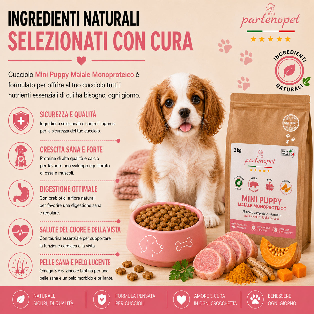 Sacco da 2kg di crocchette Partenopet Puppy Mini al Maiale per cuccioli di piccola taglia, alimento naturale pressato a freddo monoproteico, Made in Italy con zucca e curcuma.