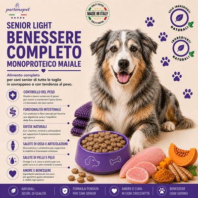 Sacco da 12kg di crocchette Partenopet Senior Light al Maiale per cani anziani, alimento monoproteico naturale pressato a freddo, Low Fat con Curcuma e Zucca, prodotto in Italia.