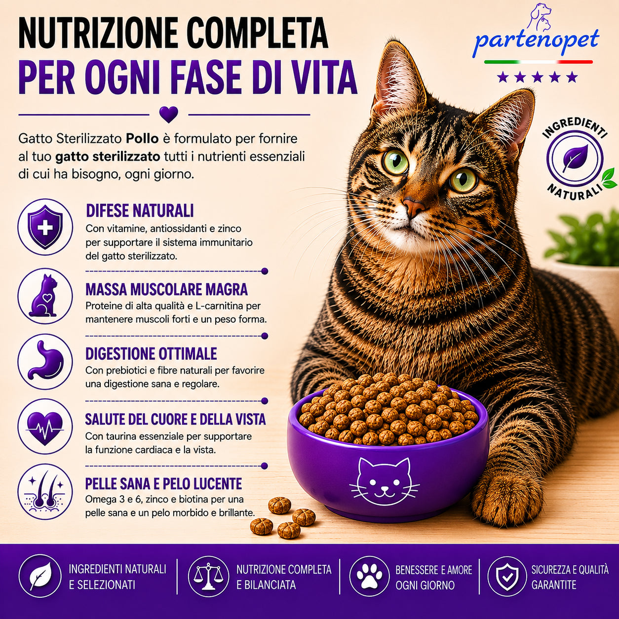 Sacco da 1,5kg di crocchette Partenopet Sterilised Cat Light al maiale per gatti sterilizzati, alimento naturale pressato a freddo prodotto in Italia, senza conservanti nΓ© coloranti.