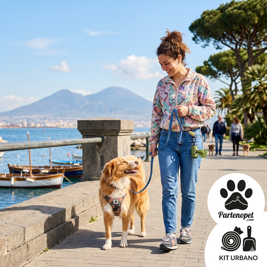 Donna a passeggio con cane sul lungomare di Napoli, con distributore sacchetti igienici e vista Vesuvio - Partenopet