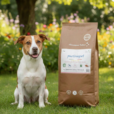 Cane felice seduto in un prato accanto a un sacco di crocchette pressate a freddo Partenopet monoproteiche senza conservanti.