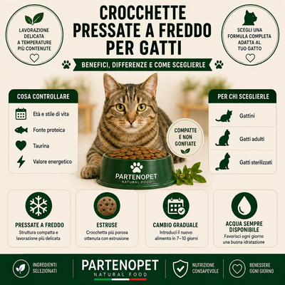 Infografica: benefici e differenze delle crocchette pressate a freddo per gatti