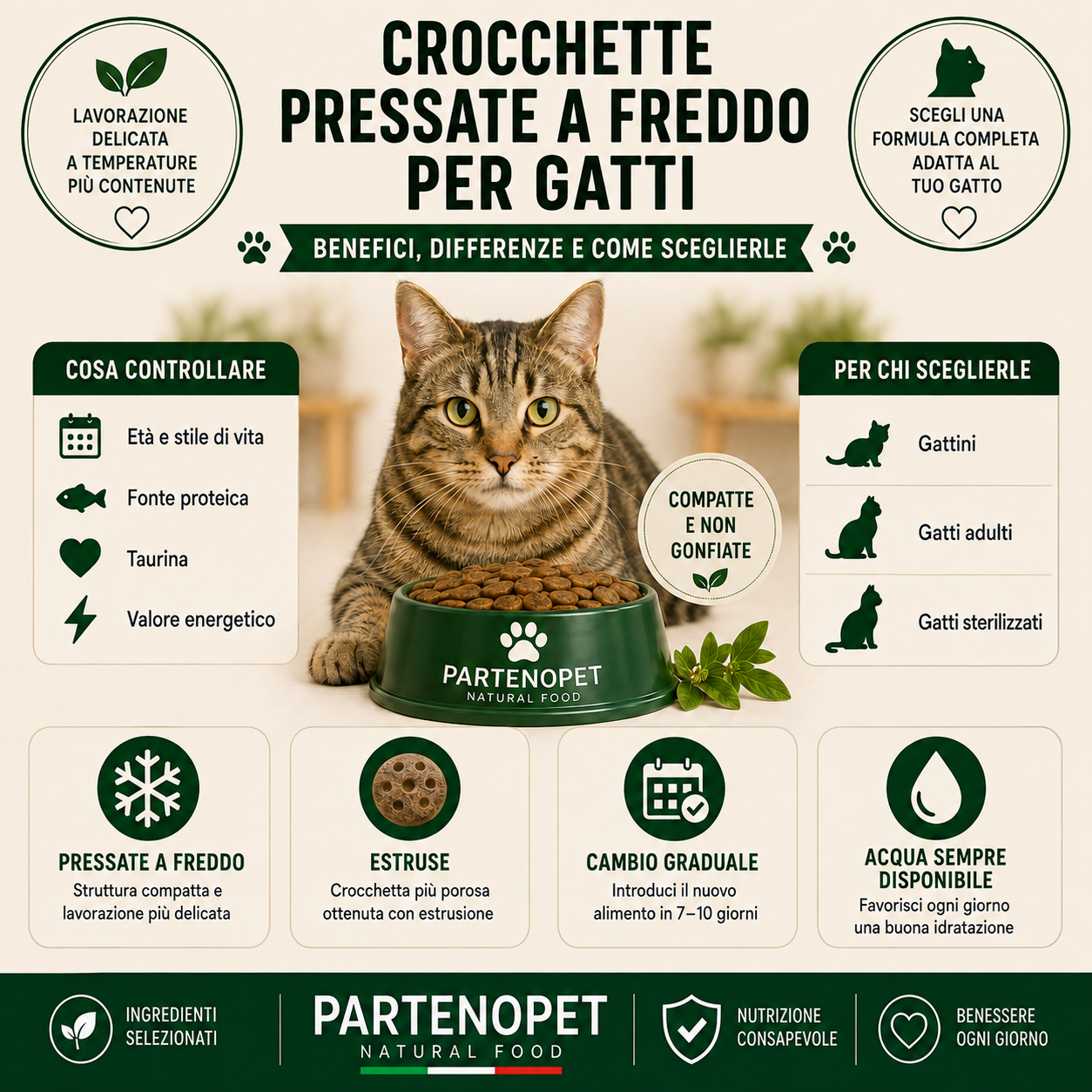 Infografica: benefici e differenze delle crocchette pressate a freddo per gatti