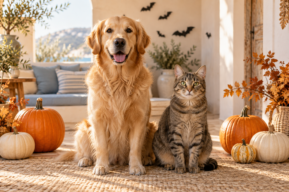 Cane golden retriever e gatto tigrato tra zucche e decorazioni di Halloween