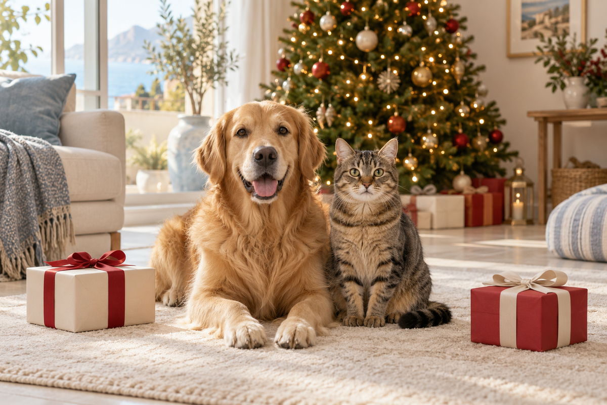 Cane golden retriever e gatto tigrato accanto a regali e albero di Natale