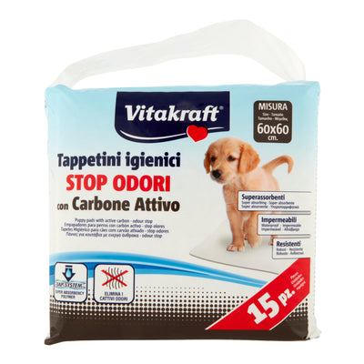 Vitakraft Tappetini Igienici STOP ODORI con carbone attivo per Cani Traversine 60x60 15 pz - Partenopet