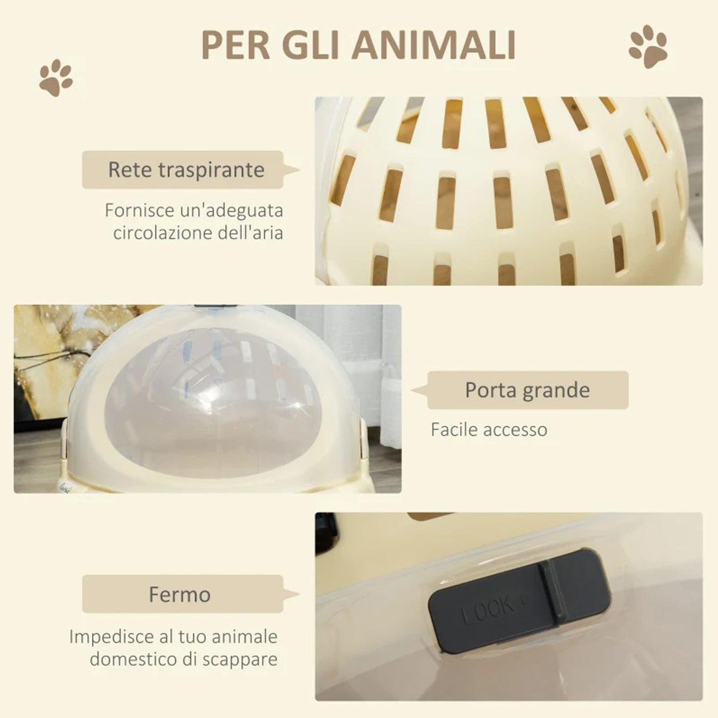 Cuccia Trasportino Rotonda per Gatti Confortevole Nido in Peluche con Fermo di Sicurezza, Ø 41 cm x 32,5 cm , Beige - Partenopet