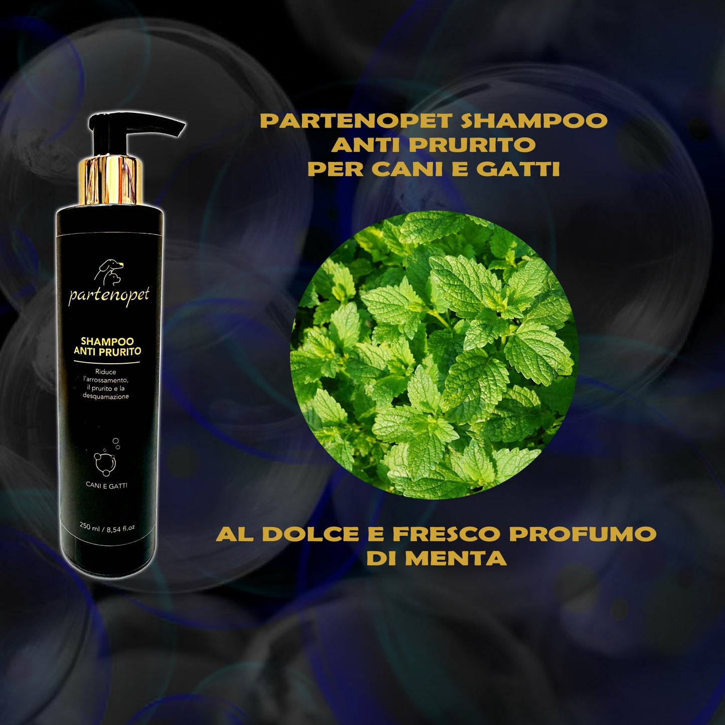 Partenopet Shampoo Antiprurito per Cani e Gatti con Oli Essenziali ed Estratti vegetali Profumato alla Menta 250 ml - Partenopet