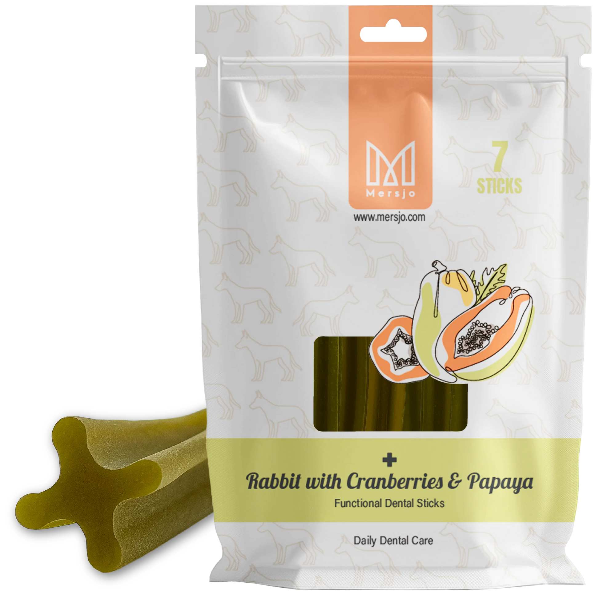 Dental Sticks al Coniglio per Cani MERSJO – Alghe Brune, Papaya e Mirtillo Rosso – 7 Pezzi