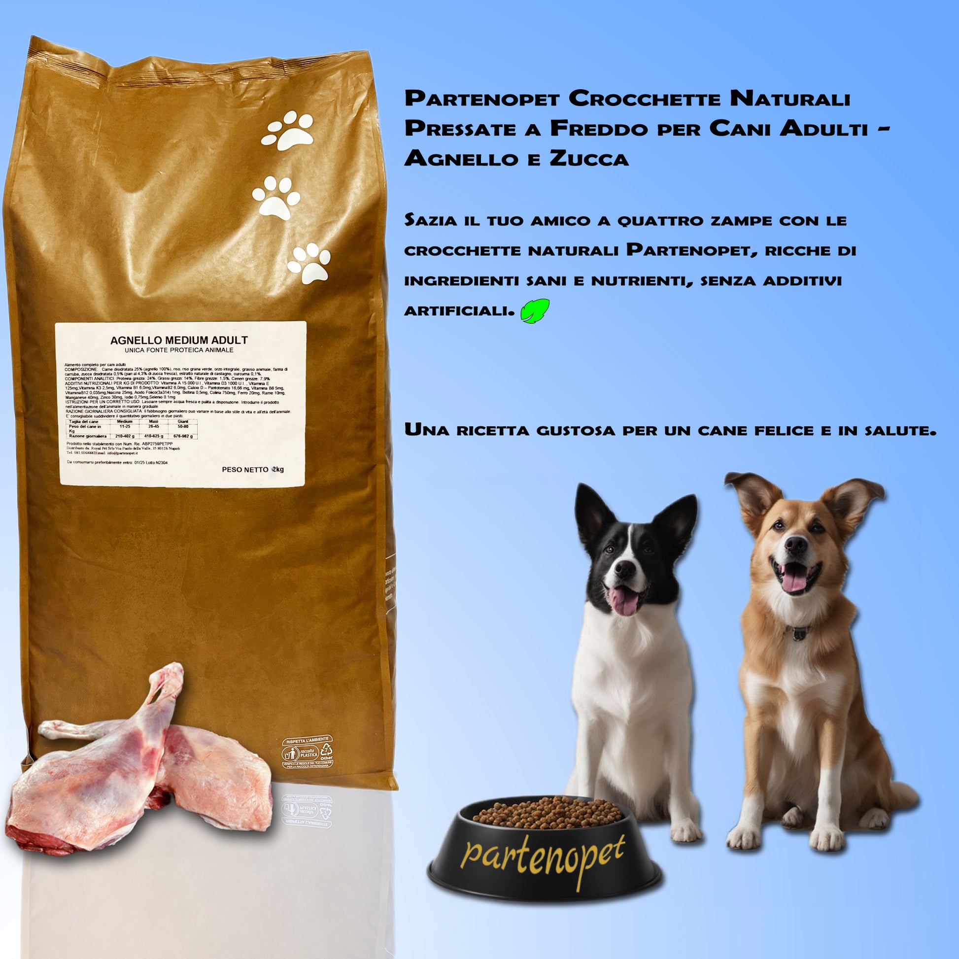 Partenopet Adult All Breeds Monoproteico Agnello e Zucca Crocchette per Cani 100% Naturali 12 kg - Partenopet