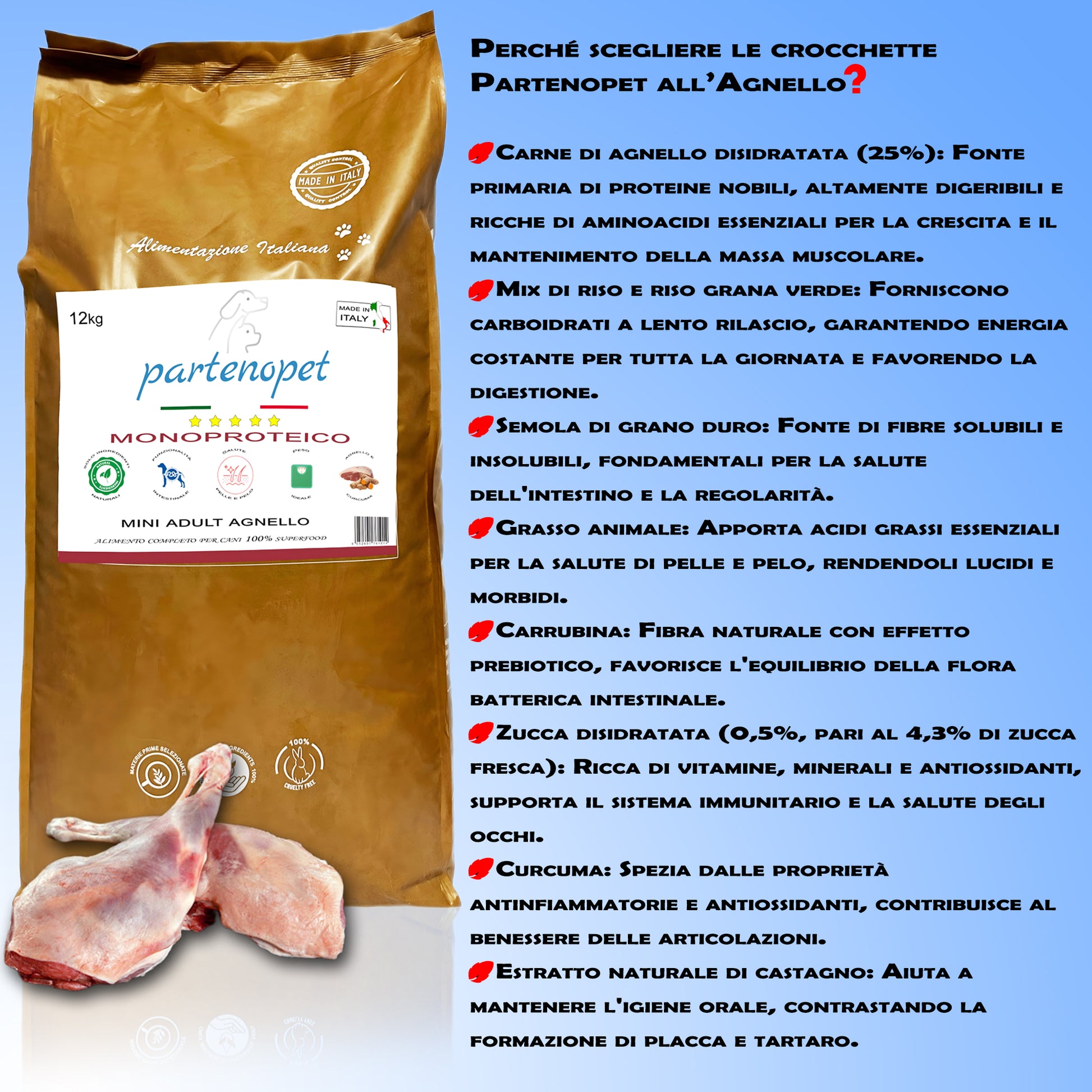 Partenopet Adult Mini Monoproteico Agnello e Zucca Crocchette per Cani 100% Naturali 12 kg - Partenopet