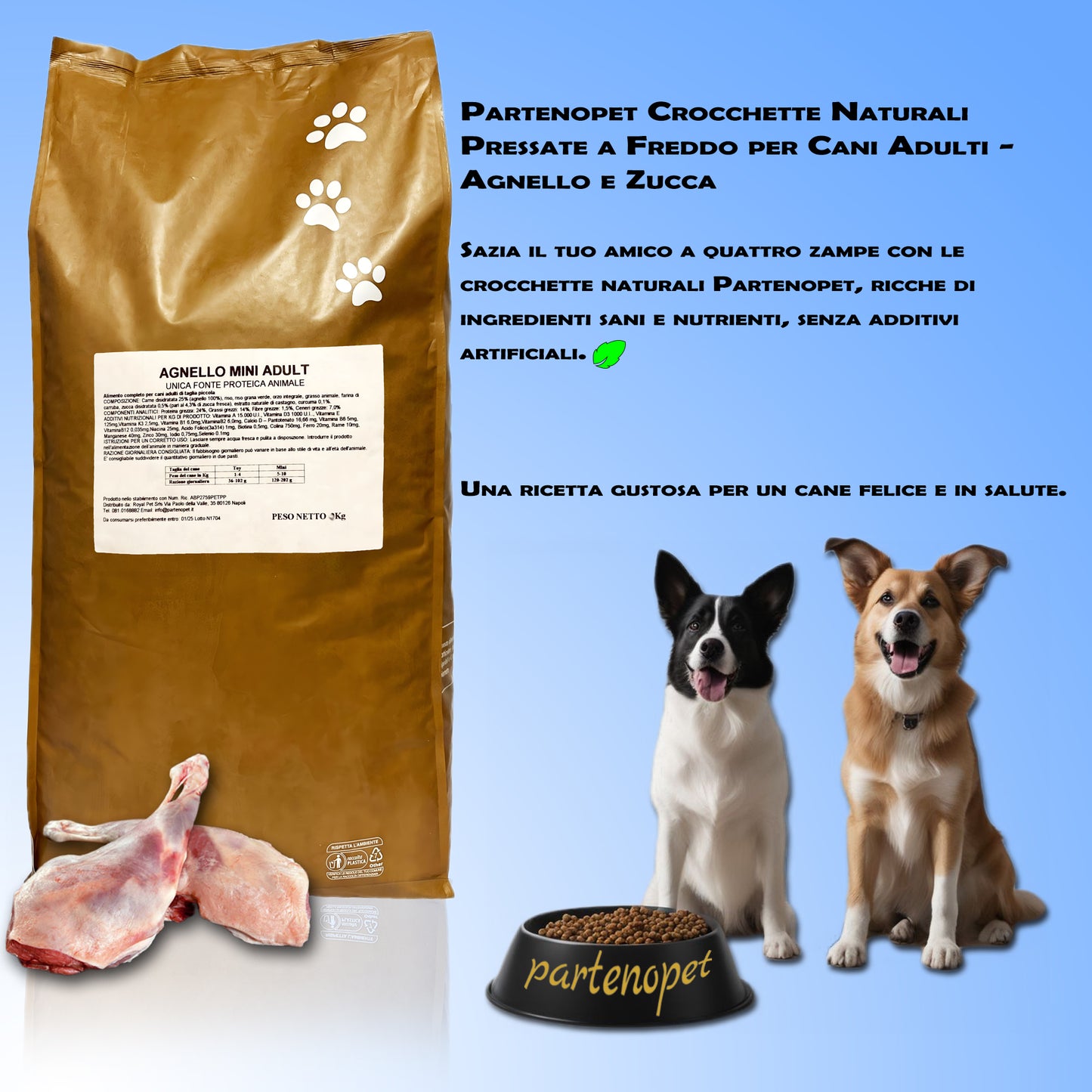 Partenopet Adult Mini Monoproteico Agnello e Zucca Crocchette per Cani 100% Naturali 12 kg - Partenopet