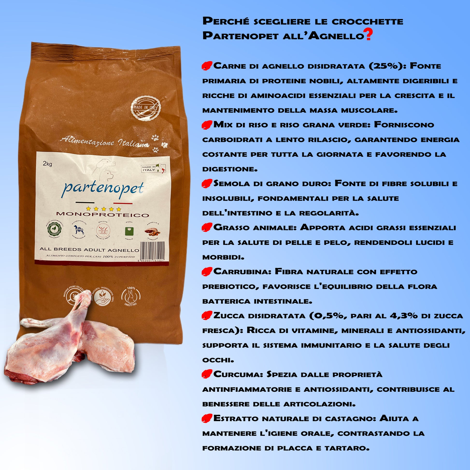 Partenopet Adult All Breeds Monoproteico Agnello e Zucca Crocchette per Cani 100% Naturali 2 kg - Partenopet