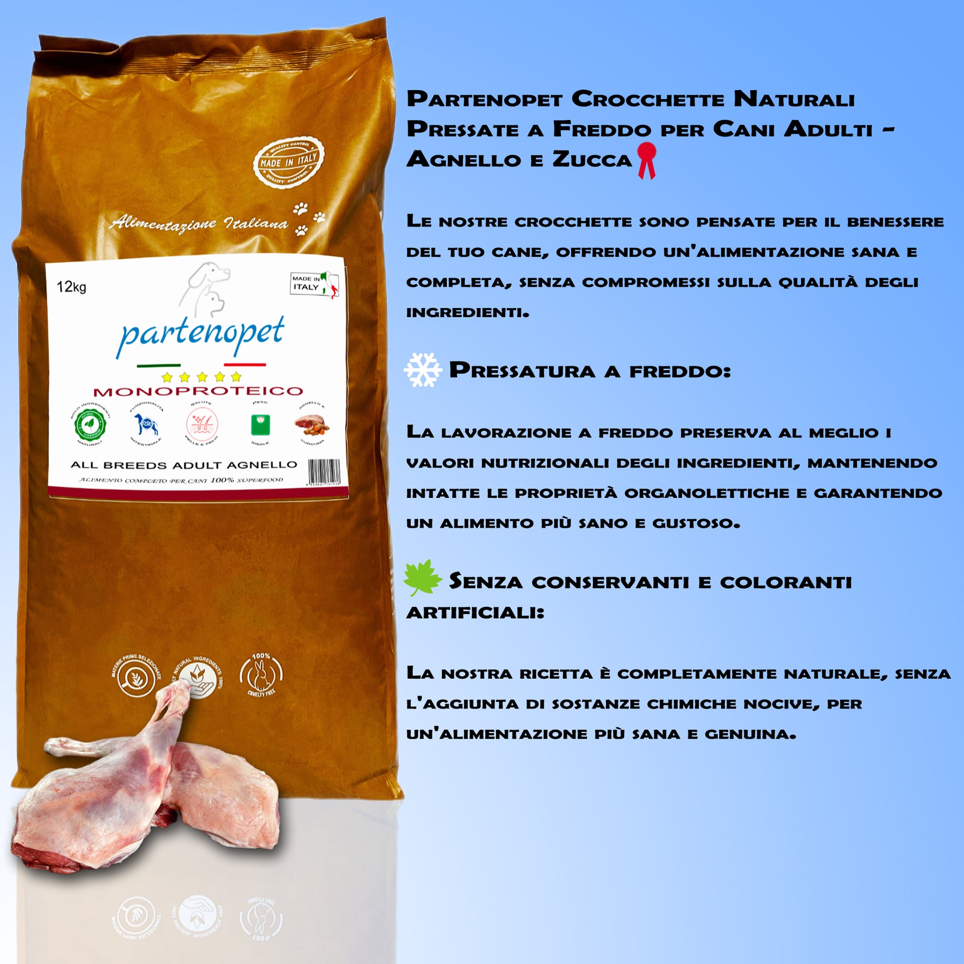 Partenopet Adult All Breeds Monoproteico Agnello e Zucca Crocchette per Cani 100% Naturali 12 kg - Partenopet