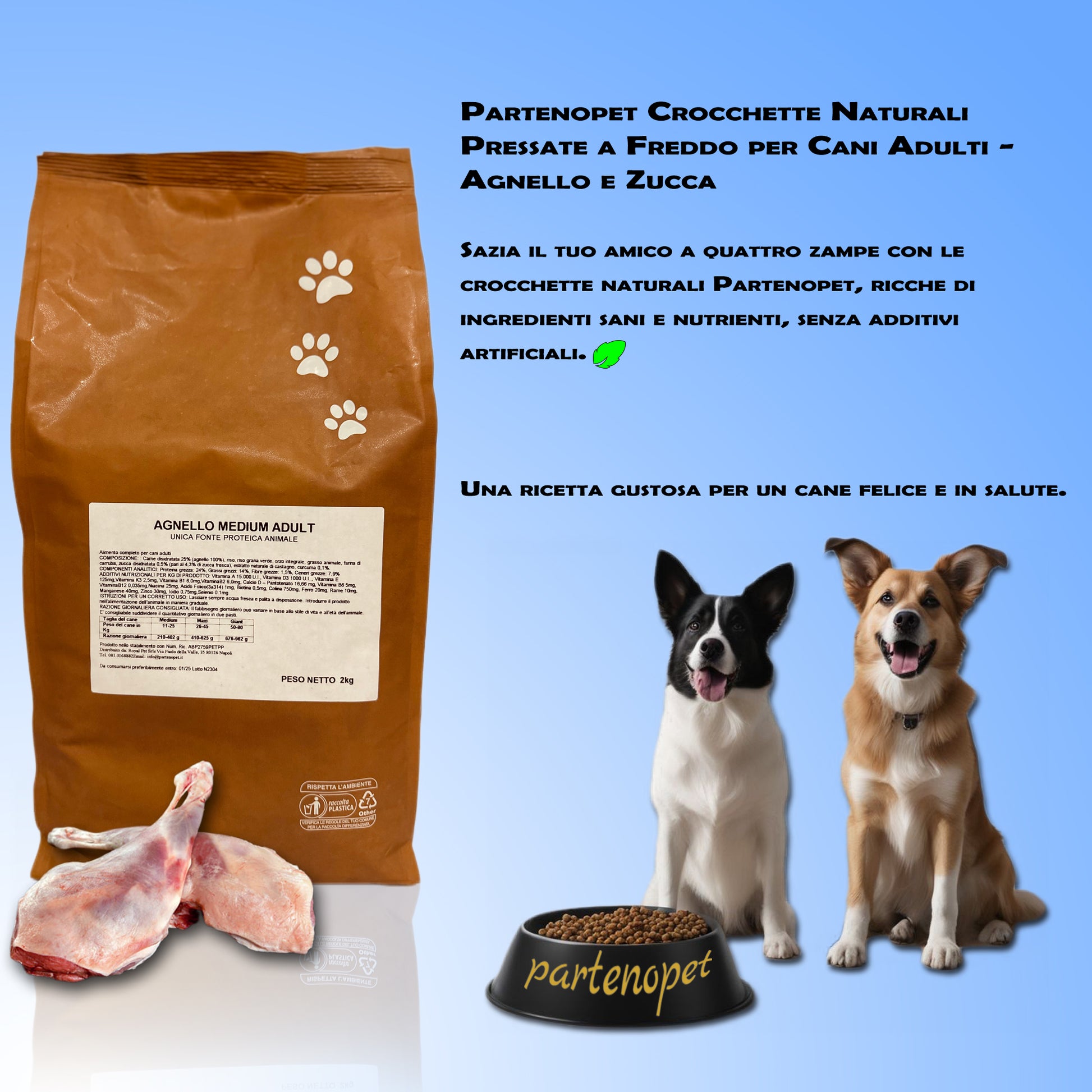 Partenopet Adult All Breeds Monoproteico Agnello e Zucca Crocchette per Cani 100% Naturali 2 kg - Partenopet