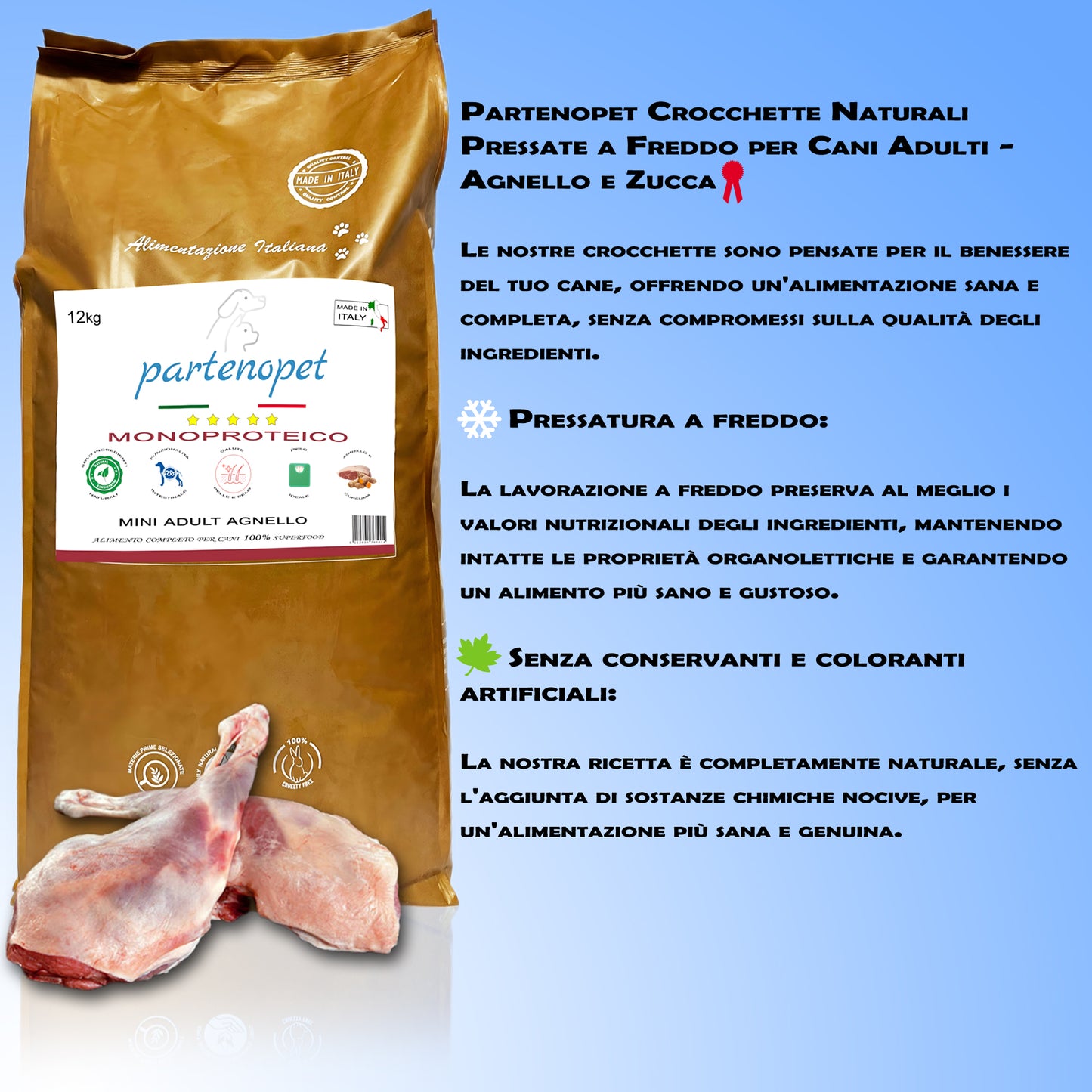 Partenopet Adult Mini Monoproteico Agnello e Zucca Crocchette per Cani 100% Naturali 12 kg - Partenopet