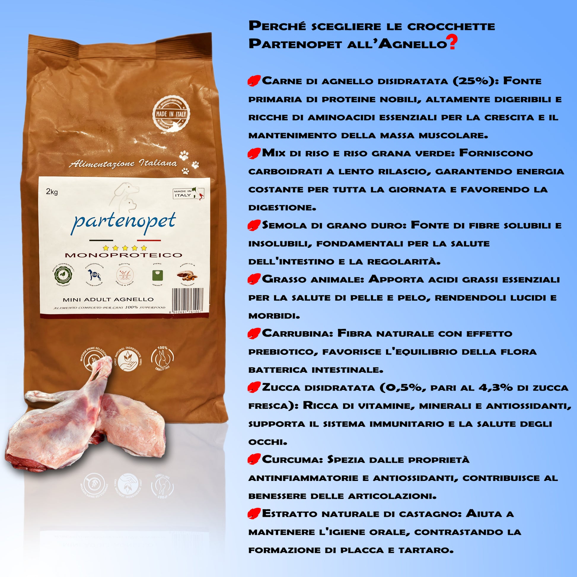 Partenopet Adult Mini Monoproteico Agnello e Zucca Crocchette per Cani 100% Naturali 2 kg - Partenopet