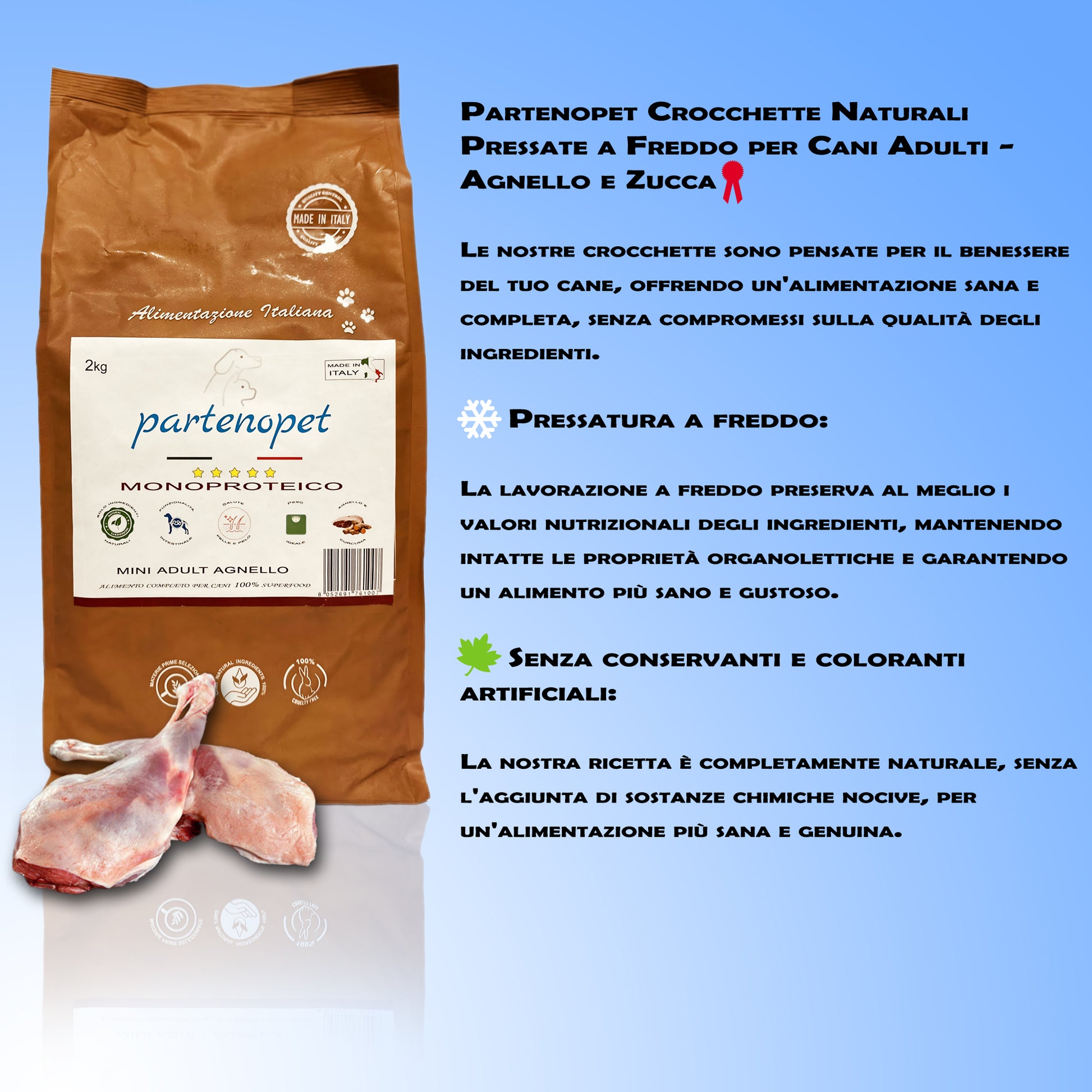 Partenopet Adult Mini Monoproteico Agnello e Zucca Crocchette per Cani 100% Naturali 2 kg - Partenopet