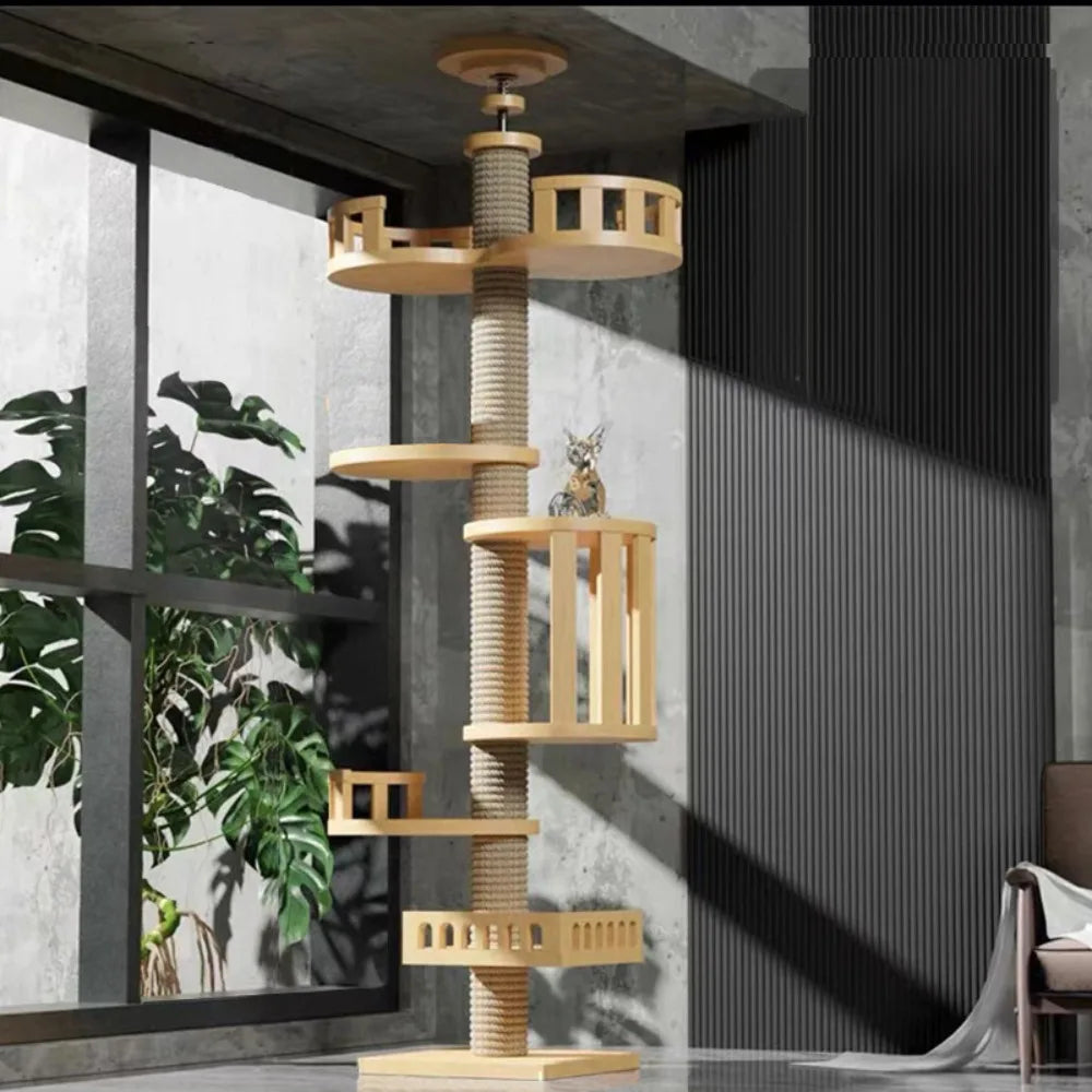 Albero tiragraffi cielo-terra regolabile in altezza per gatti, modello a torre multipiano con amache e cuccia, disponibile in 10 varianti di colore e design salvaspazio.
