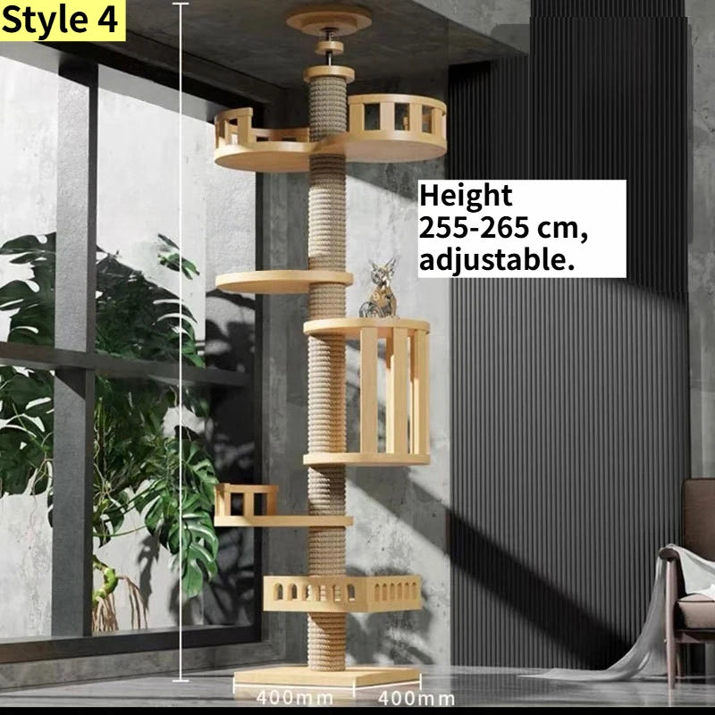 Albero tiragraffi cielo-terra regolabile in altezza per gatti, modello a torre multipiano con amache e cuccia, disponibile in 10 varianti di colore e design salvaspazio.