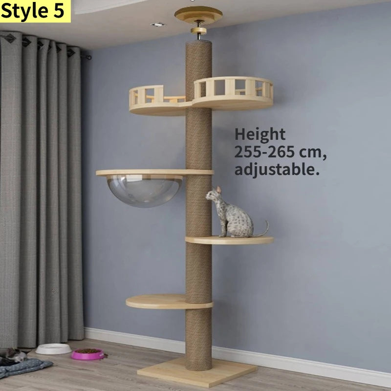 Albero tiragraffi cielo-terra regolabile in altezza per gatti, modello a torre multipiano con amache e cuccia, disponibile in 10 varianti di colore e design salvaspazio.