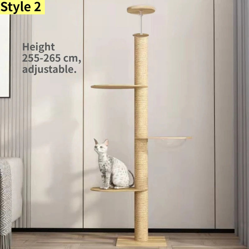 Albero tiragraffi cielo-terra regolabile in altezza per gatti, modello a torre multipiano con amache e cuccia, disponibile in 10 varianti di colore e design salvaspazio.