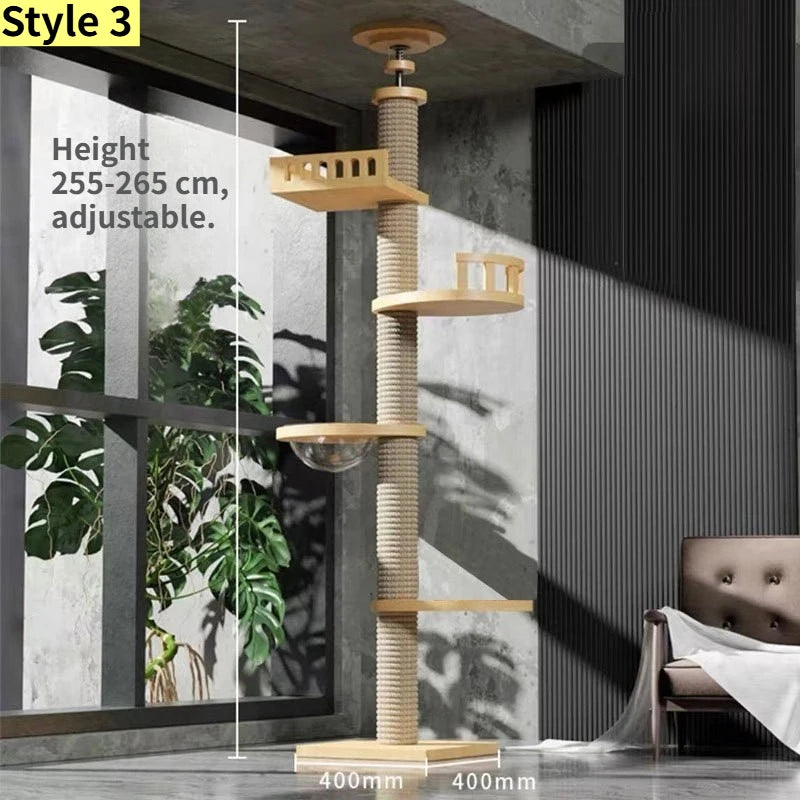 Albero tiragraffi cielo-terra regolabile in altezza per gatti, modello a torre multipiano con amache e cuccia, disponibile in 10 varianti di colore e design salvaspazio.