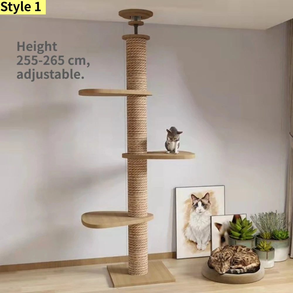 Albero tiragraffi cielo-terra regolabile in altezza per gatti, modello a torre multipiano con amache e cuccia, disponibile in 10 varianti di colore e design salvaspazio.