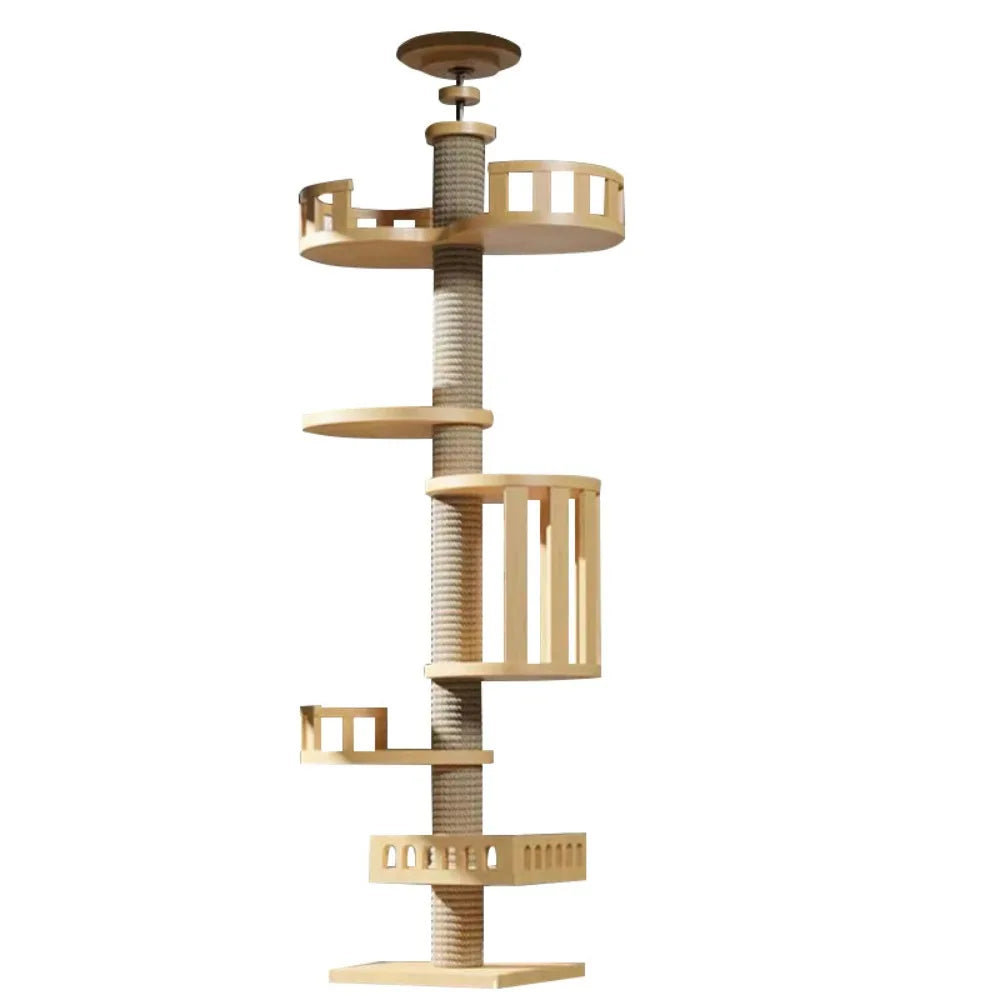 Albero tiragraffi cielo-terra regolabile in altezza per gatti, modello a torre multipiano con amache e cuccia, disponibile in 10 varianti di colore e design salvaspazio.
