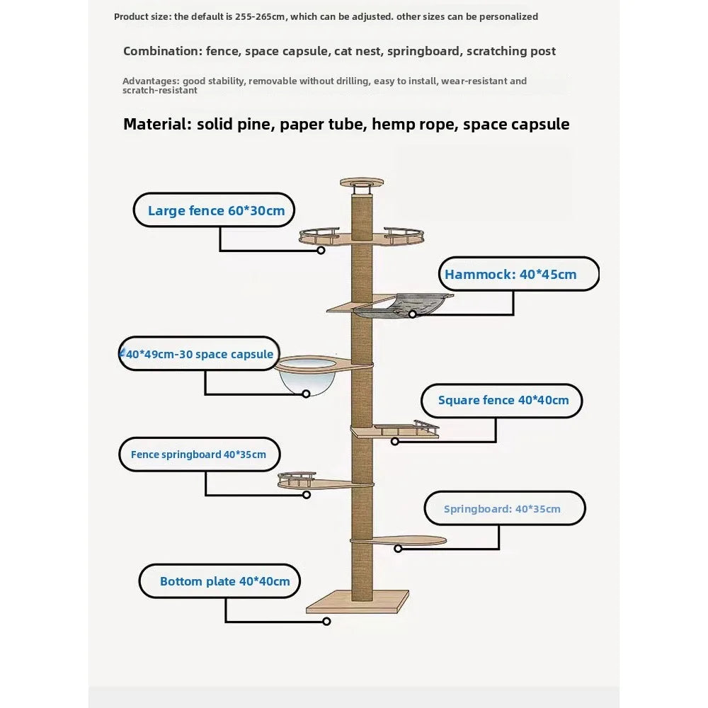 Albero tiragraffi cielo-terra regolabile in altezza per gatti, modello a torre multipiano con amache e cuccia, disponibile in 10 varianti di colore e design salvaspazio.